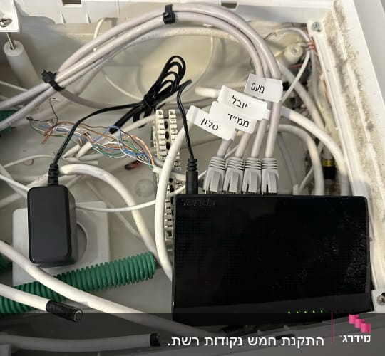 נתב רשת עם כבלים מחוברים ותוויות שמות
